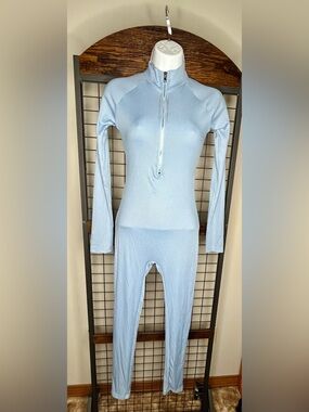 Light Blue Ribbed Zip-Front Jumpsuit